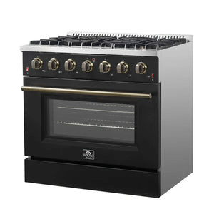 FORNO - Galiano 36-inch Freestanding Gas Range in Black with Antique Brass Design, 6 Burners, 83,000 BTU, 5.36 cu.ft. Convection Oven