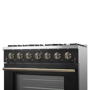 FORNO - Galiano 36-inch Freestanding Gas Range in Black with Antique Brass Design, 6 Burners, 83,000 BTU, 5.36 cu.ft. Convection Oven