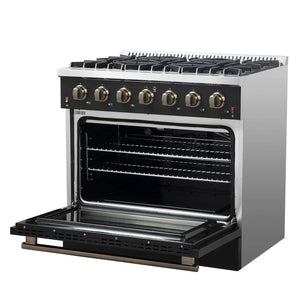 FORNO - Galiano 36-inch Freestanding Gas Range in Black with Antique Brass Design, 6 Burners, 83,000 BTU, 5.36 cu.ft. Convection Oven