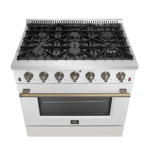 FORNO - Galiano 36-inch Freestanding Gas Range in White with Antique Brass Design, 6 Burners, 83,000 BTU, 5.36 cu.ft. Convection Oven
