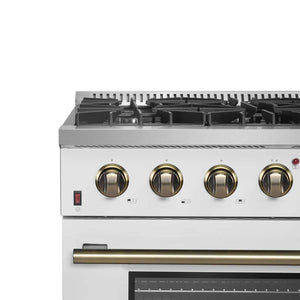 FORNO - Galiano 36-inch Freestanding Gas Range in White with Antique Brass Design, 6 Burners, 83,000 BTU, 5.36 cu.ft. Convection Oven