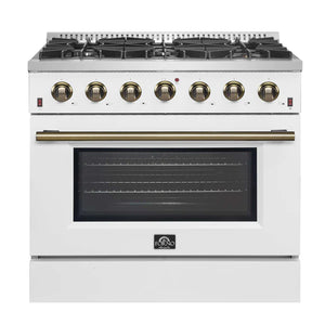 FORNO - Galiano 36-inch Freestanding Gas Range in White with Antique Brass Design, 6 Burners, 83,000 BTU, 5.36 cu.ft. Convection Oven
