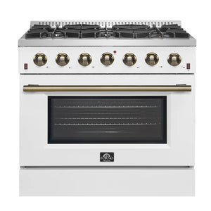 FORNO - Galiano 36-inch Freestanding Gas Range in White with Antique Brass Design, 6 Burners, 83,000 BTU, 5.36 cu.ft. Convection Oven