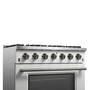 FORNO - Galiano 36-inch Freestanding Gas Range in White with Antique Brass Design, 6 Burners, 83,000 BTU, 5.36 cu.ft. Convection Oven