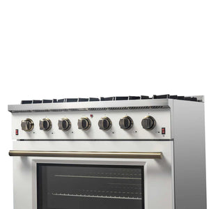 FORNO - Galiano 36-inch Freestanding Gas Range in White with Antique Brass Design, 6 Burners, 83,000 BTU, 5.36 cu.ft. Convection Oven