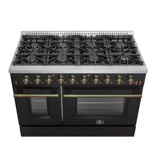 FORNO - Galiano 48-inch Gas Range Black & Antique Brass Design, 8 Burners, 107,000 BTU, Griddle, 6.58 cu.ft. Double Ovens