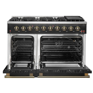 FORNO - Galiano 48-inch Gas Range Black & Antique Brass Design, 8 Burners, 107,000 BTU, Griddle, 6.58 cu.ft. Double Ovens