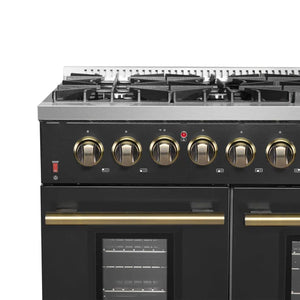 FORNO - Galiano 48-inch Gas Range Black & Antique Brass Design, 8 Burners, 107,000 BTU, Griddle, 6.58 cu.ft. Double Ovens