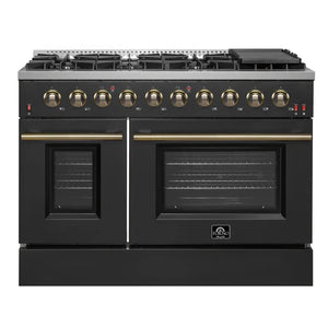 FORNO - Galiano 48-inch Gas Range Black & Antique Brass Design, 8 Burners, 107,000 BTU, Griddle, 6.58 cu.ft. Double Ovens
