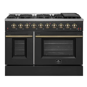 FORNO - Galiano 48-inch Gas Range Black & Antique Brass Design, 8 Burners, 107,000 BTU, Griddle, 6.58 cu.ft. Double Ovens
