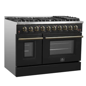 FORNO - Galiano 48-inch Gas Range Black & Antique Brass Design, 8 Burners, 107,000 BTU, Griddle, 6.58 cu.ft. Double Ovens
