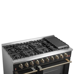 FORNO - Galiano 48-inch Gas Range Black & Antique Brass Design, 8 Burners, 107,000 BTU, Griddle, 6.58 cu.ft. Double Ovens