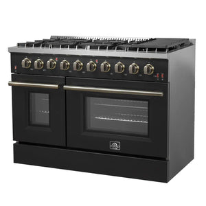 FORNO - Galiano 48-inch Gas Range Black & Antique Brass Design, 8 Burners, 107,000 BTU, Griddle, 6.58 cu.ft. Double Ovens
