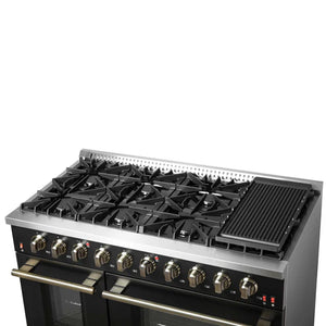 FORNO - Galiano 48-inch Gas Range Black & Antique Brass Design, 8 Burners, 107,000 BTU, Griddle, 6.58 cu.ft. Double Ovens