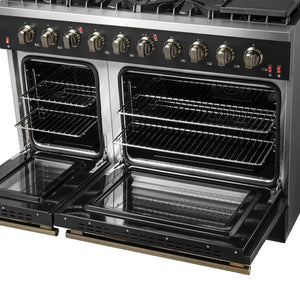 FORNO - Galiano 48-inch Gas Range Black & Antique Brass Design, 8 Burners, 107,000 BTU, Griddle, 6.58 cu.ft. Double Ovens