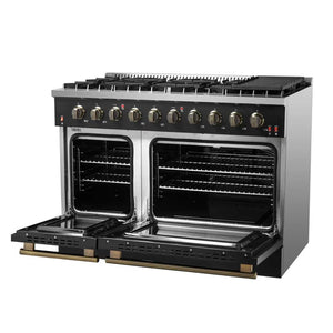 FORNO - Galiano 48-inch Gas Range Black & Antique Brass Design, 8 Burners, 107,000 BTU, Griddle, 6.58 cu.ft. Double Ovens