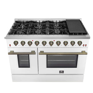 FORNO - Galiano 48-inch Gas Range White & Antique Brass Design, 8 Burners, 107,000 BTU, Griddle, 6.58 cu.ft. Double Ovens