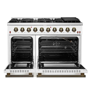 FORNO - Galiano 48-inch Gas Range White & Antique Brass Design, 8 Burners, 107,000 BTU, Griddle, 6.58 cu.ft. Double Ovens