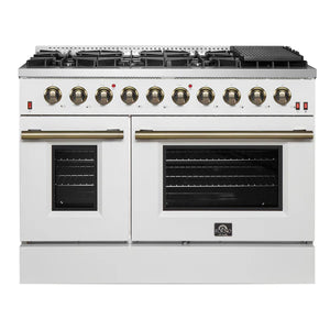 FORNO - Galiano 48-inch Gas Range White & Antique Brass Design, 8 Burners, 107,000 BTU, Griddle, 6.58 cu.ft. Double Ovens