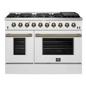 FORNO - Galiano 48-inch Gas Range White & Antique Brass Design, 8 Burners, 107,000 BTU, Griddle, 6.58 cu.ft. Double Ovens