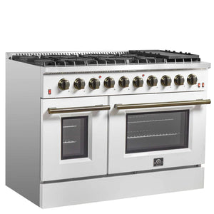 FORNO - Galiano 48-inch Gas Range White & Antique Brass Design, 8 Burners, 107,000 BTU, Griddle, 6.58 cu.ft. Double Ovens