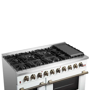 FORNO - Galiano 48-inch Gas Range White & Antique Brass Design, 8 Burners, 107,000 BTU, Griddle, 6.58 cu.ft. Double Ovens