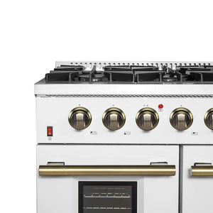 FORNO - Galiano 48-inch Gas Range White & Antique Brass Design, 8 Burners, 107,000 BTU, Griddle, 6.58 cu.ft. Double Ovens