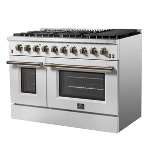 FORNO - Galiano 48-inch Gas Range White & Antique Brass Design, 8 Burners, 107,000 BTU, Griddle, 6.58 cu.ft. Double Ovens