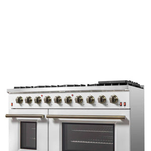 FORNO - Galiano 48-inch Gas Range White & Antique Brass Design, 8 Burners, 107,000 BTU, Griddle, 6.58 cu.ft. Double Ovens