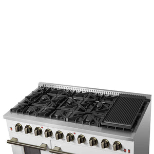 FORNO - Galiano 48-inch Gas Range White & Antique Brass Design, 8 Burners, 107,000 BTU, Griddle, 6.58 cu.ft. Double Ovens