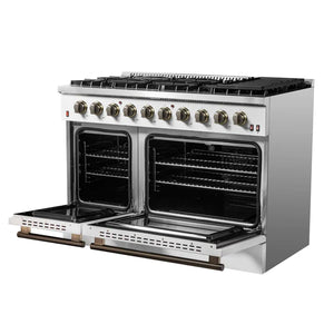 FORNO - Galiano 48-inch Gas Range White & Antique Brass Design, 8 Burners, 107,000 BTU, Griddle, 6.58 cu.ft. Double Ovens