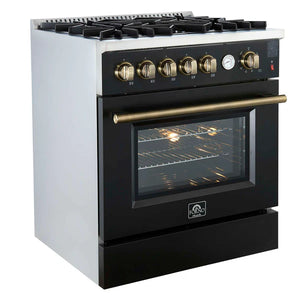 FORNO - Giovanni 30-inch Gas Range Black & Antique Brass Design, 5 Burners 67,000 BTU, 4.32 cu.ft. Convection Oven