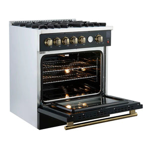 FORNO - Giovanni 30-inch Gas Range Black & Antique Brass Design, 5 Burners 67,000 BTU, 4.32 cu.ft. Convection Oven