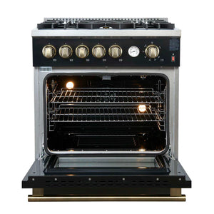 FORNO - Giovanni 30-inch Gas Range Black & Antique Brass Design, 5 Burners 67,000 BTU, 4.32 cu.ft. Convection Oven