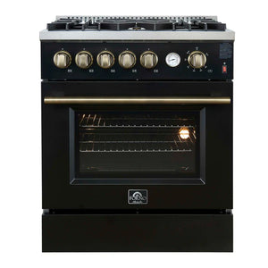 FORNO - Giovanni 30-inch Gas Range Black & Antique Brass Design, 5 Burners 67,000 BTU, 4.32 cu.ft. Convection Oven