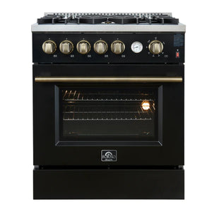 FORNO - Giovanni 30-inch Gas Range Black & Antique Brass Design, 5 Burners 67,000 BTU, 4.32 cu.ft. Convection Oven