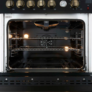 FORNO - Giovanni 30-inch Gas Range Black & Antique Brass Design, 5 Burners 67,000 BTU, 4.32 cu.ft. Convection Oven