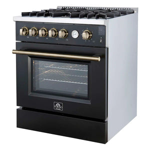 FORNO - Giovanni 30-inch Gas Range Black & Antique Brass Design, 5 Burners 67,000 BTU, 4.32 cu.ft. Convection Oven
