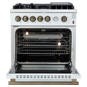 FORNO - Giovanni 30-inch Gas Range White & Antique Brass Design, 5 Burners 67,000 BTU, 4.32 cu.ft. Convection Oven