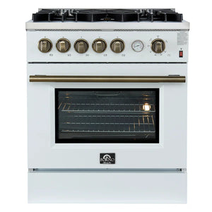 FORNO - Giovanni 30-inch Gas Range White & Antique Brass Design, 5 Burners 67,000 BTU, 4.32 cu.ft. Convection Oven