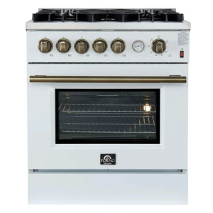 FORNO - Giovanni 30-inch Gas Range White & Antique Brass Design, 5 Burners 67,000 BTU, 4.32 cu.ft. Convection Oven