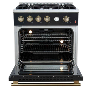 FORNO - Marco 30-inch Gas Range Black & Antique Brass Design, 4 Burners 37,000 BTU, 4.32 cu.ft. Convection Oven