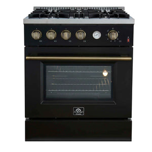 FORNO - Marco 30-inch Gas Range Black & Antique Brass Design, 4 Burners 37,000 BTU, 4.32 cu.ft. Convection Oven