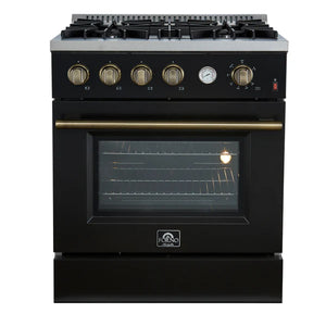 FORNO - Marco 30-inch Gas Range Black & Antique Brass Design, 4 Burners 37,000 BTU, 4.32 cu.ft. Convection Oven