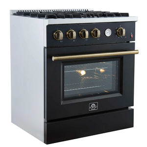FORNO - Marco 30-inch Gas Range Black & Antique Brass Design, 4 Burners 37,000 BTU, 4.32 cu.ft. Convection Oven