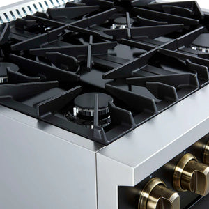 FORNO - Marco 30-inch Gas Range Black & Antique Brass Design, 4 Burners 37,000 BTU, 4.32 cu.ft. Convection Oven