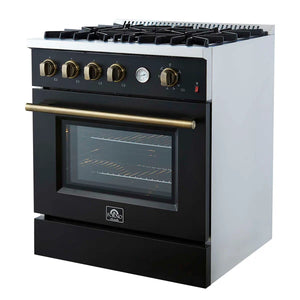 FORNO - Marco 30-inch Gas Range Black & Antique Brass Design, 4 Burners 37,000 BTU, 4.32 cu.ft. Convection Oven