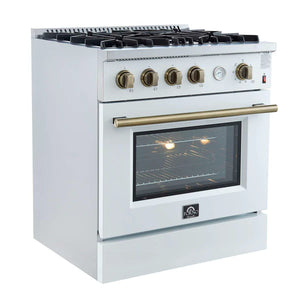 FORNO - Marco 30-inch Gas Range White & Antique Brass Design, 4 Burners 37,000 BTU, 4.32 cu.ft. Convection Oven