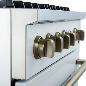 FORNO - Marco 30-inch Gas Range White & Antique Brass Design, 4 Burners 37,000 BTU, 4.32 cu.ft. Convection Oven