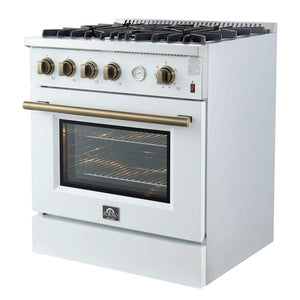FORNO - Marco 30-inch Gas Range White & Antique Brass Design, 4 Burners 37,000 BTU, 4.32 cu.ft. Convection Oven